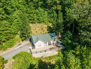 A house with a green roof, a deck with outdoor furniture, and a paved driveway.