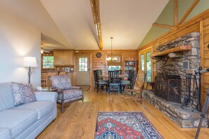TV, fireplace - Sterling Retreat | Pet Friendly, Hot Tub & Mountain Views! (Black Mountain)