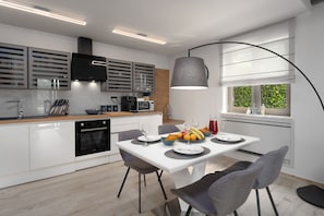 Fridge, microwave, oven, stovetop