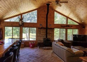 Smart TV, fireplace, video games, DVD player