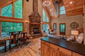 Smart TV, fireplace, books
