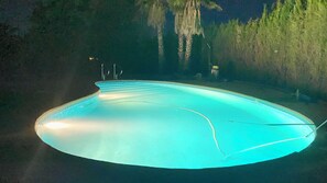 Une piscine à bord incurvé, entourée d’arbres et surplombée par un ciel nocturne sombre.