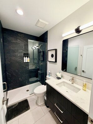 Shower, hair dryer, towels, soap