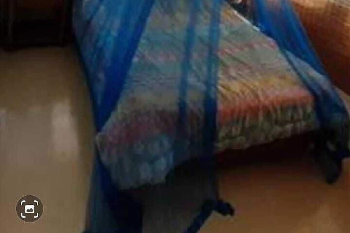 Une chambre à coucher avec un lit recouvert d’un dais bleu, deux fenêtres et une petite table de chevet.