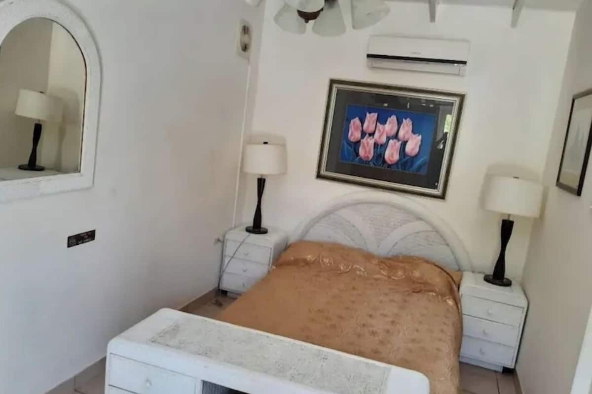 Une chambre à coucher comprenant un lit, deux tables de chevet, un miroir, un climatiseur et un tableau représentant des fleurs.