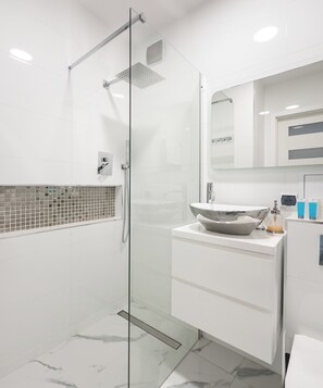 Shower, free toiletries, hair dryer, towels