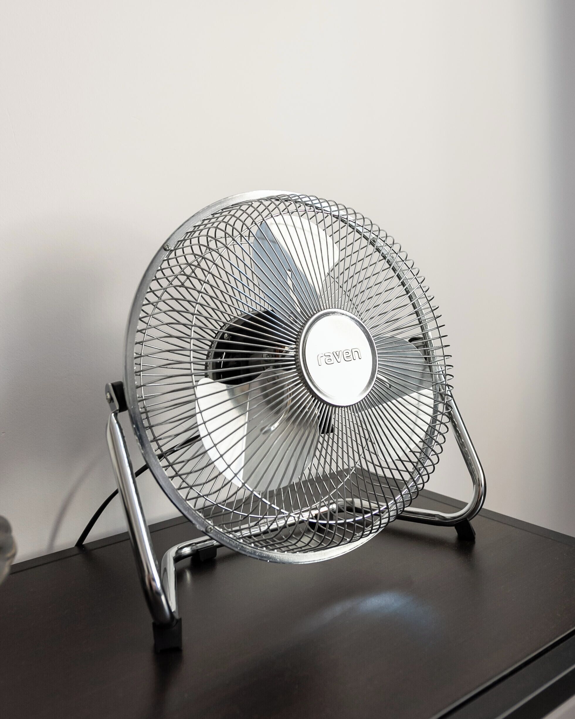 Ein Standventilator mit einem Metallgitter und dem Markennamen 'raven' auf der Vorderseite.