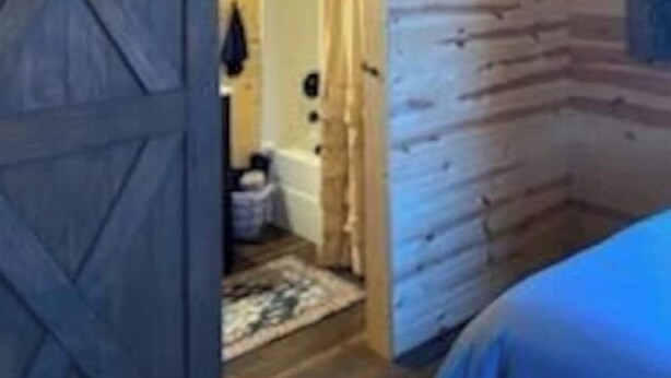 A wooden cabin interior with a large wooden door, a visible bathroom with a shower curtain, and a bed with a blue blanket. - Cozy cabin in enjoyable Kaw City with WiFi, AC (Kaw City)