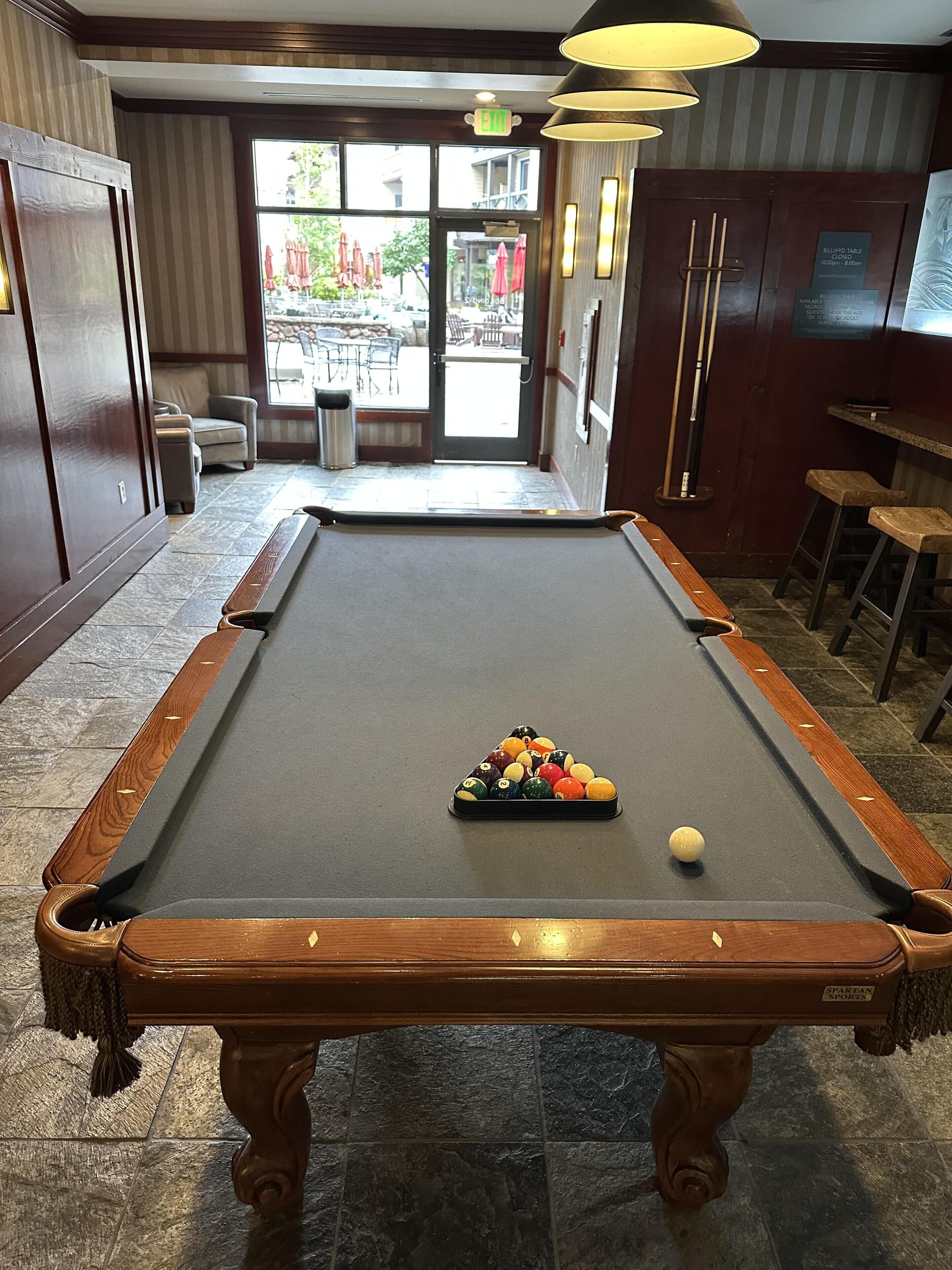 Une table de billard avec des billes, un coin bar et une vue sur l’extérieur.