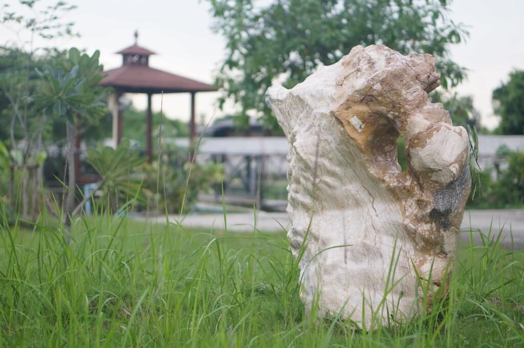 A large, weathered rock formation in a grassy area with a gazebo in the background.