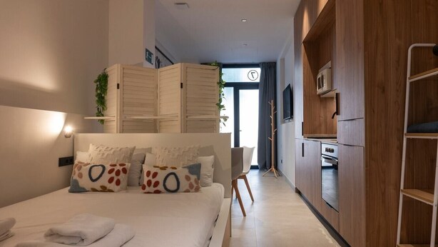 A modern bedroom with a bed, pillows, a bedside table, and a nightstand. There is a wooden wardrobe and a small plant on the wall.