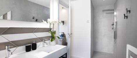 Shower, hair dryer, towels