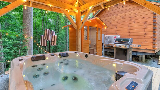 A wooden cabin with a hot tub, outdoor grill, and a view of the forest. - 2 Bedroom Cabin in DuPont State Park with Loft, Hot-Tub, and Sauna(Read Rules) (Hendersonville)
