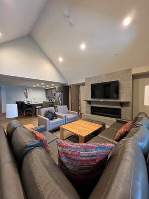 Smart TV, fireplace, books