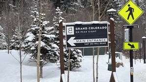 A sign indicating the Grand Colorado on Peak Eight main entrance at 1627 Ski Hill Road. - SKI IN/OUT RESORT AT BRECKENRIDGE - GRAND COLORADO ON PEAK EIGHT 
CHRISTMAS TIME (Breckenridge)