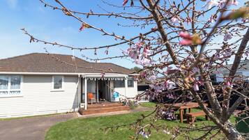 A single-story house with a porch, a lawn, and a tree with pink blossoms.