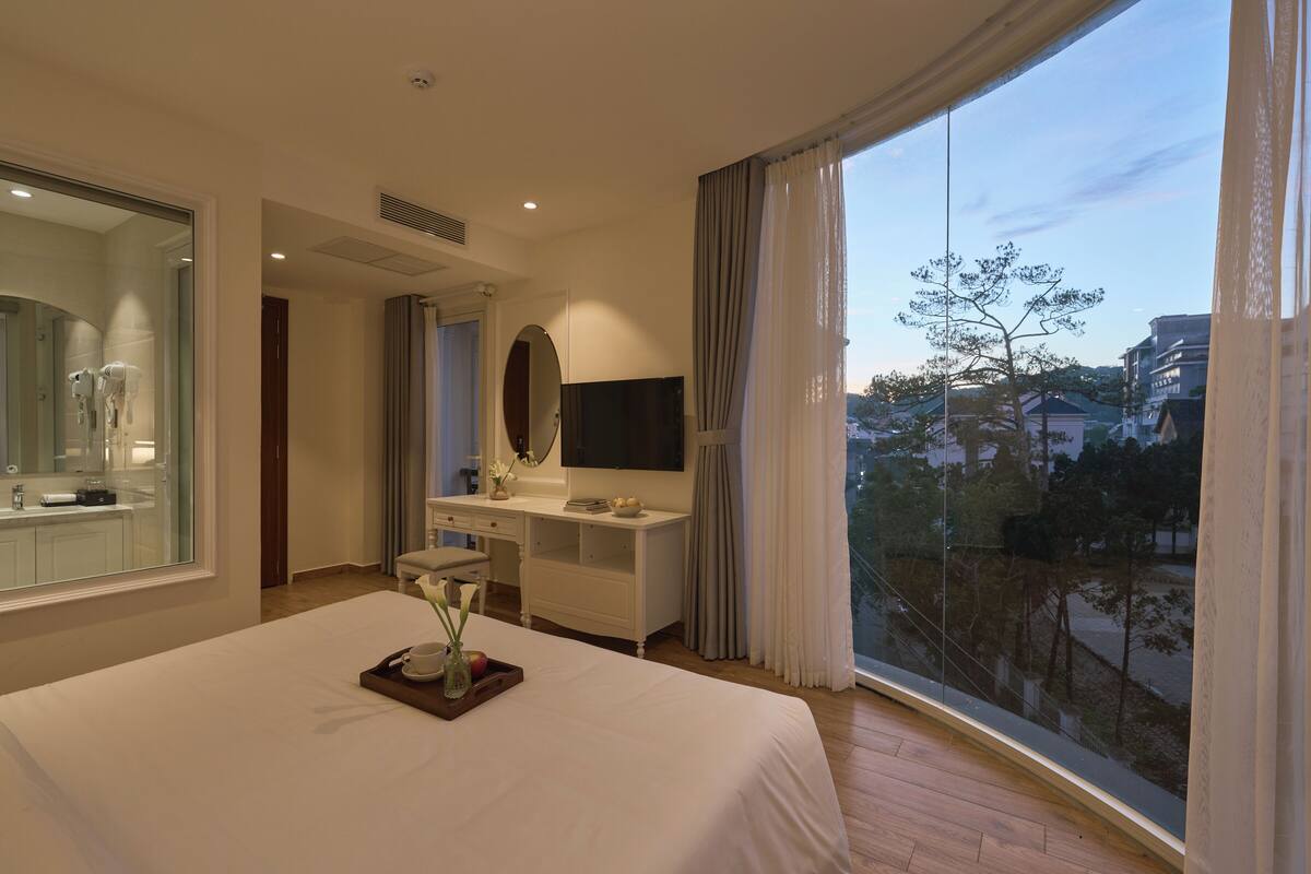 Habitación de hotel con una cama grande, un escritorio con espejo, televisión y vistas a la ciudad.