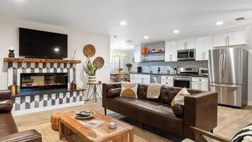 Télévision, cheminée, livres, chaßne hi-fi