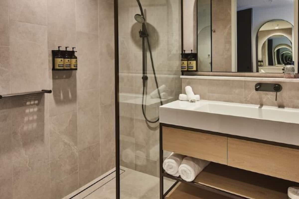 Shower, free toiletries, hair dryer, towels