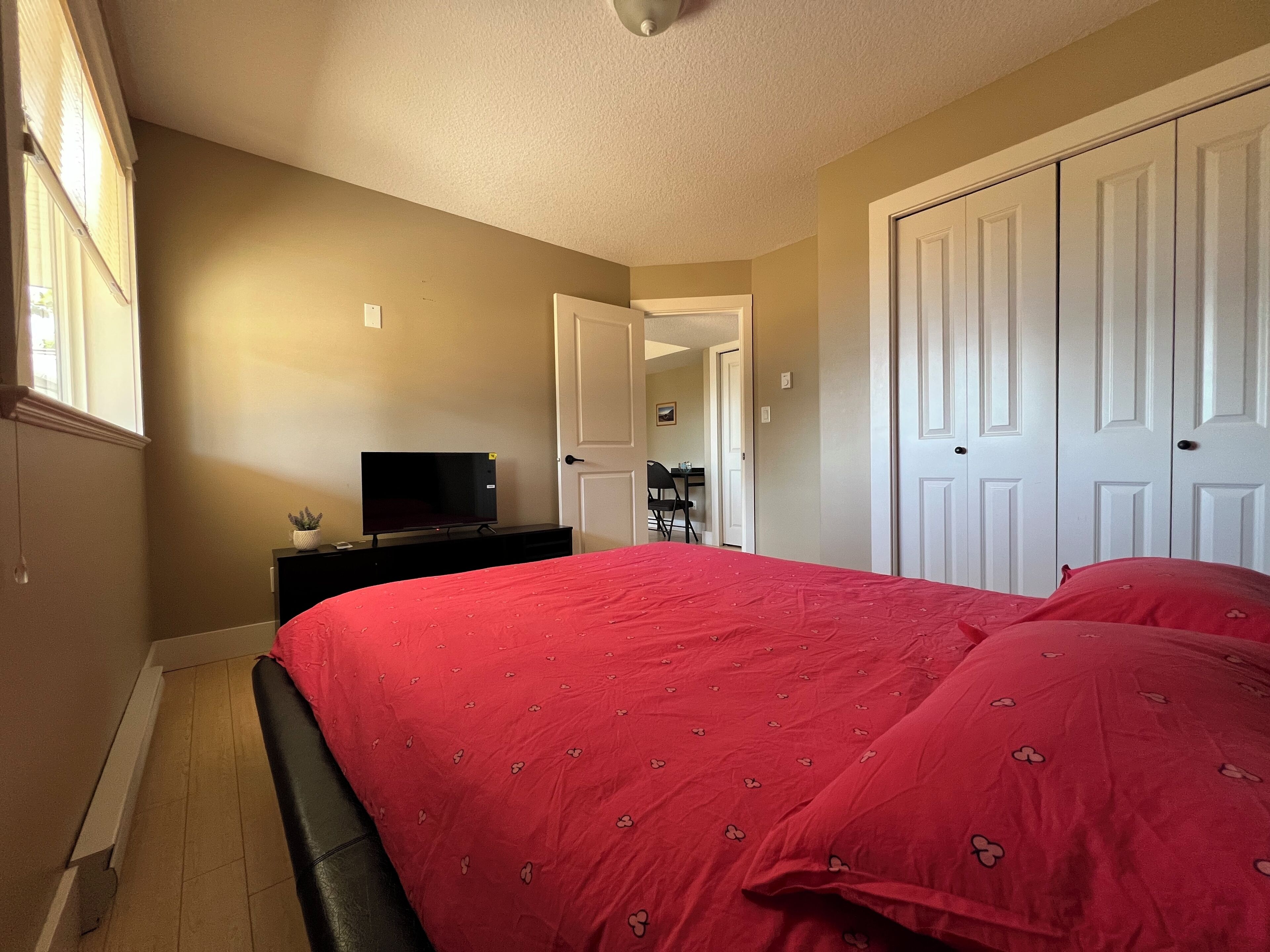 A bedroom with a bed, a TV on a stand, a desk, and a wardrobe.