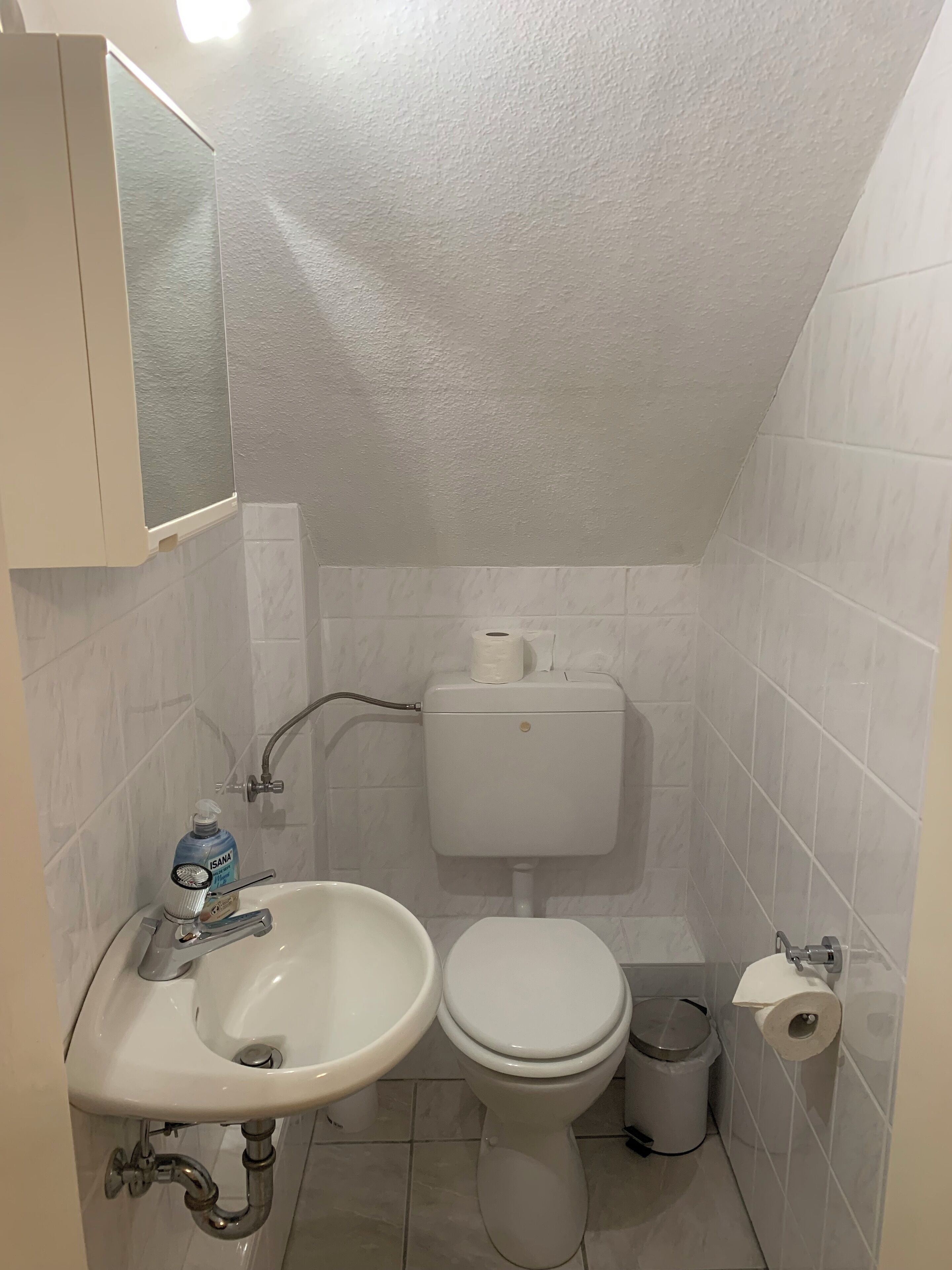 A small, clean bathroom with a white sink, toilet, and a trash bin.