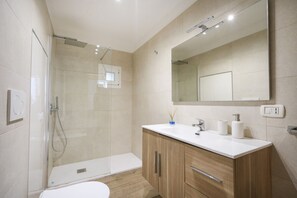 Shower, hair dryer, bidet, towels