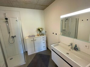 Shower, hair dryer, towels