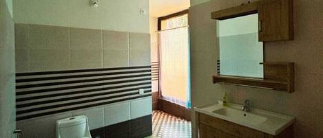 Une salle de bain avec des toilettes, un lavabo et un miroir.