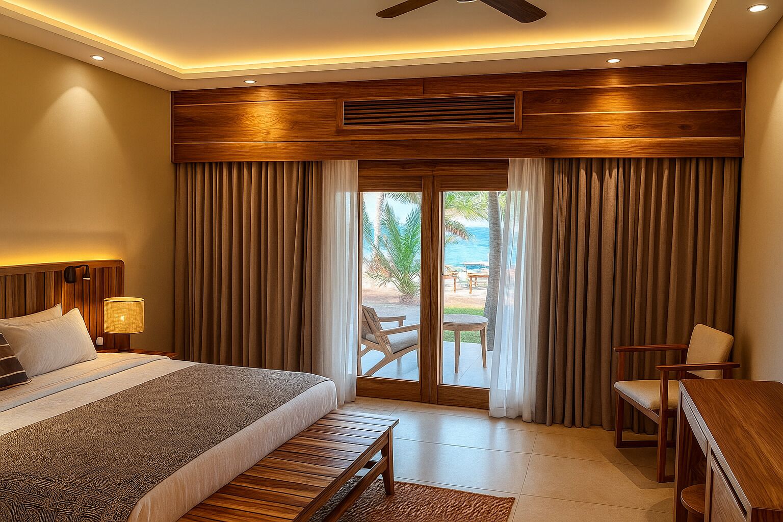Una habitación de hotel con cama, escritorio y vista al mar.