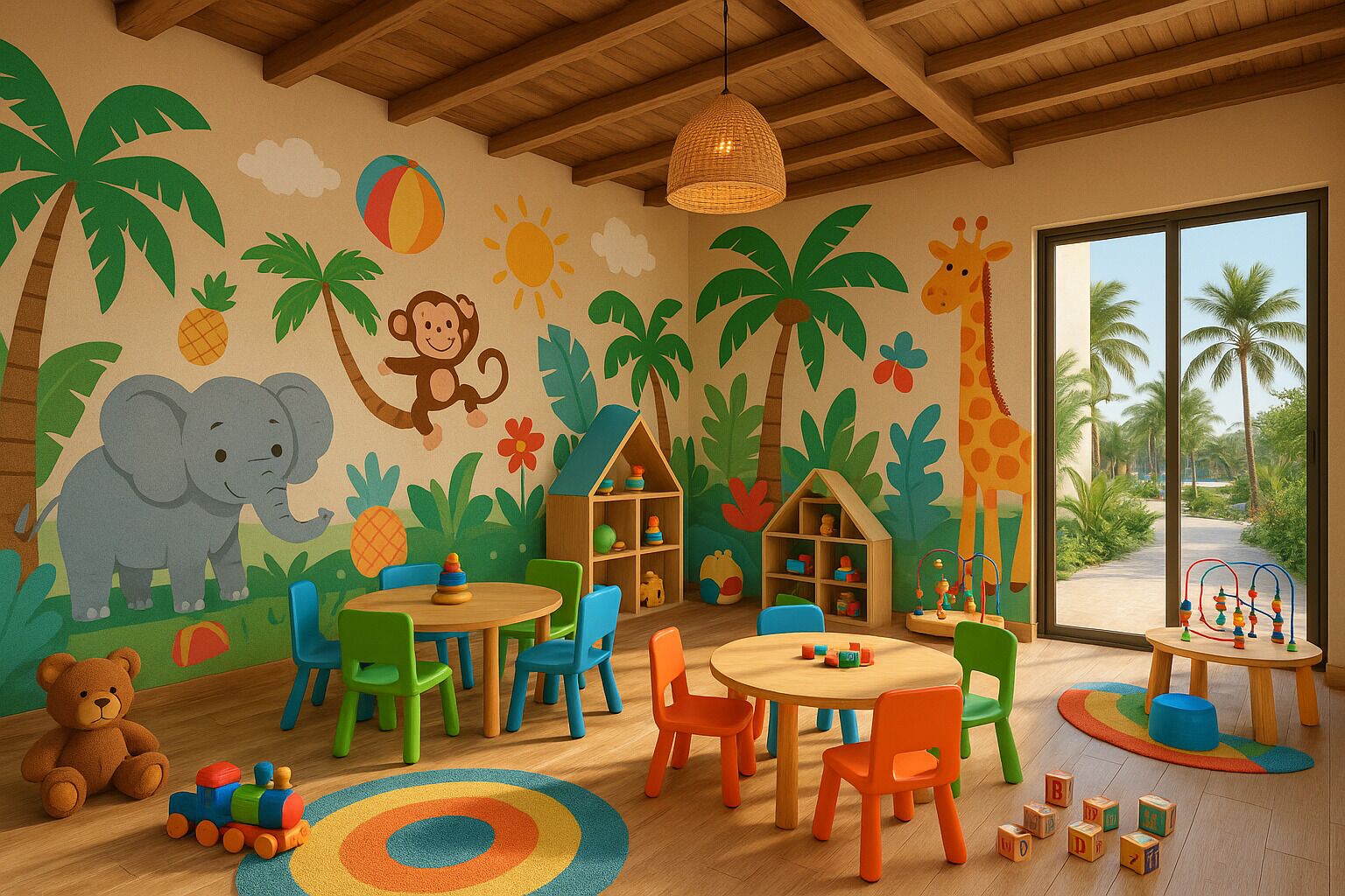A children's playroom with a jungle theme, featuring a large window with a view of palm trees.
