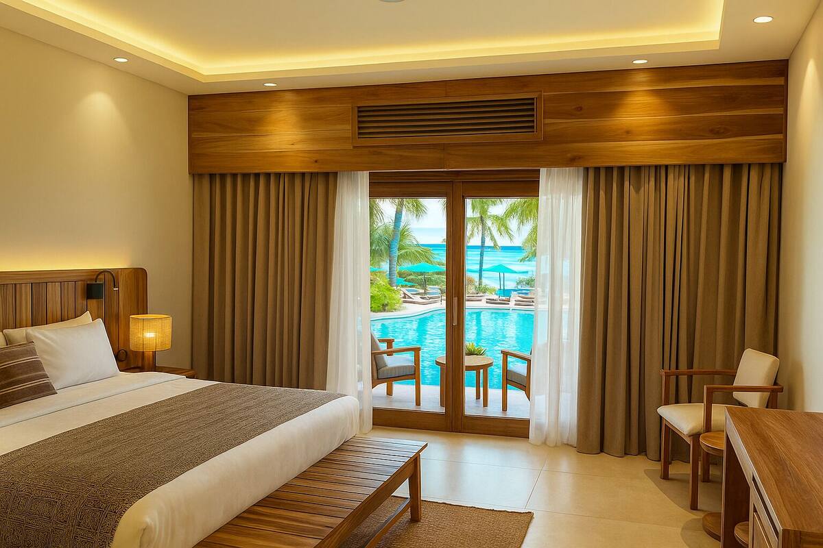 A hotel room with a bed, a desk, a chair, a lamp, and a view of a pool and palm trees.