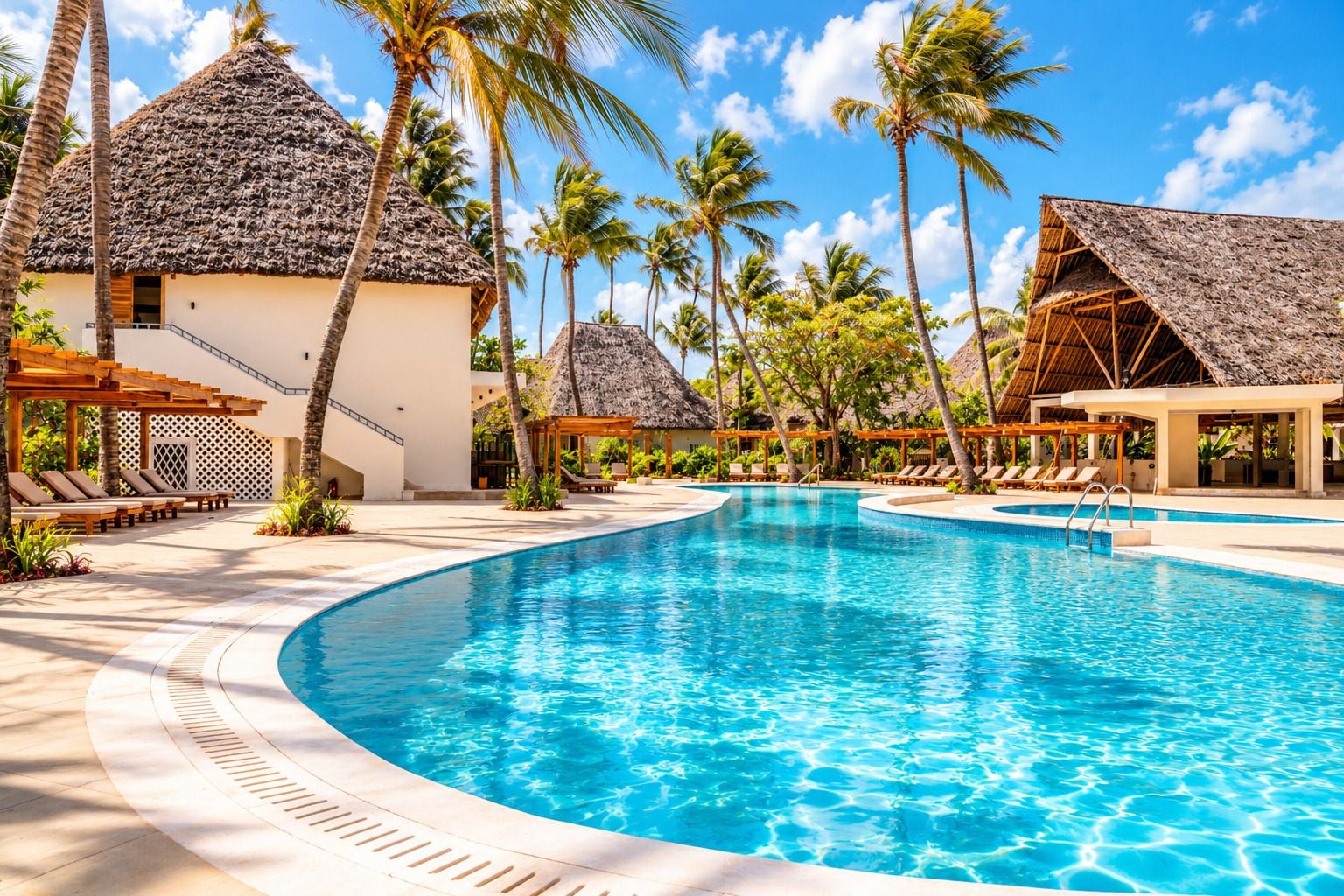 A resort with a large swimming pool, palm trees, and thatched-roof buildings.