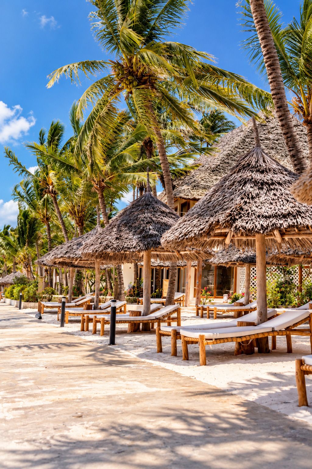 A beach resort with thatched-roof huts and lounge chairs.