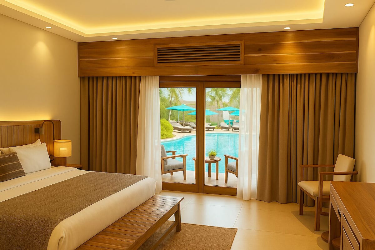 A hotel room with a bed, bedside table, lamp, and a view of a pool and lounge chairs.