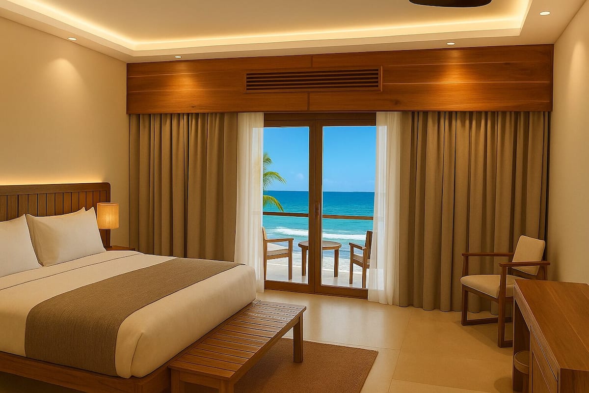 A hotel room with a large bed, a desk, and a view of the ocean.