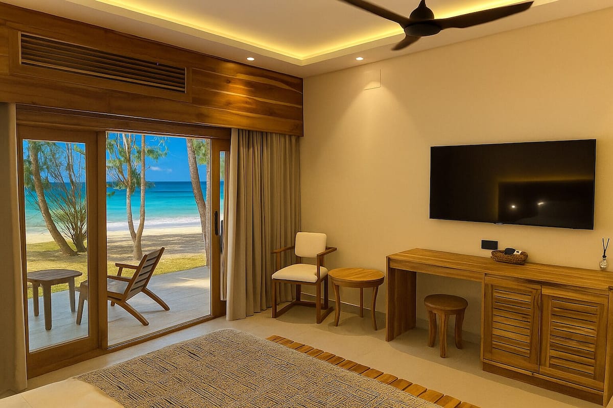 A modern hotel room with a large sliding glass door leading to a beach view, a flat-screen TV, a wooden desk, and two chairs.
