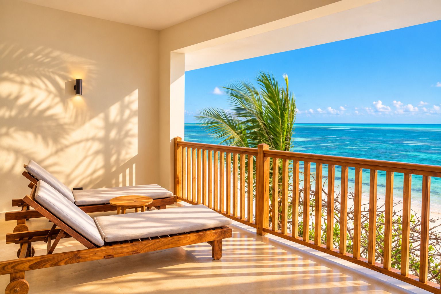 A balcony with wooden railings, two cushioned lounge chairs, and a view of the ocean.