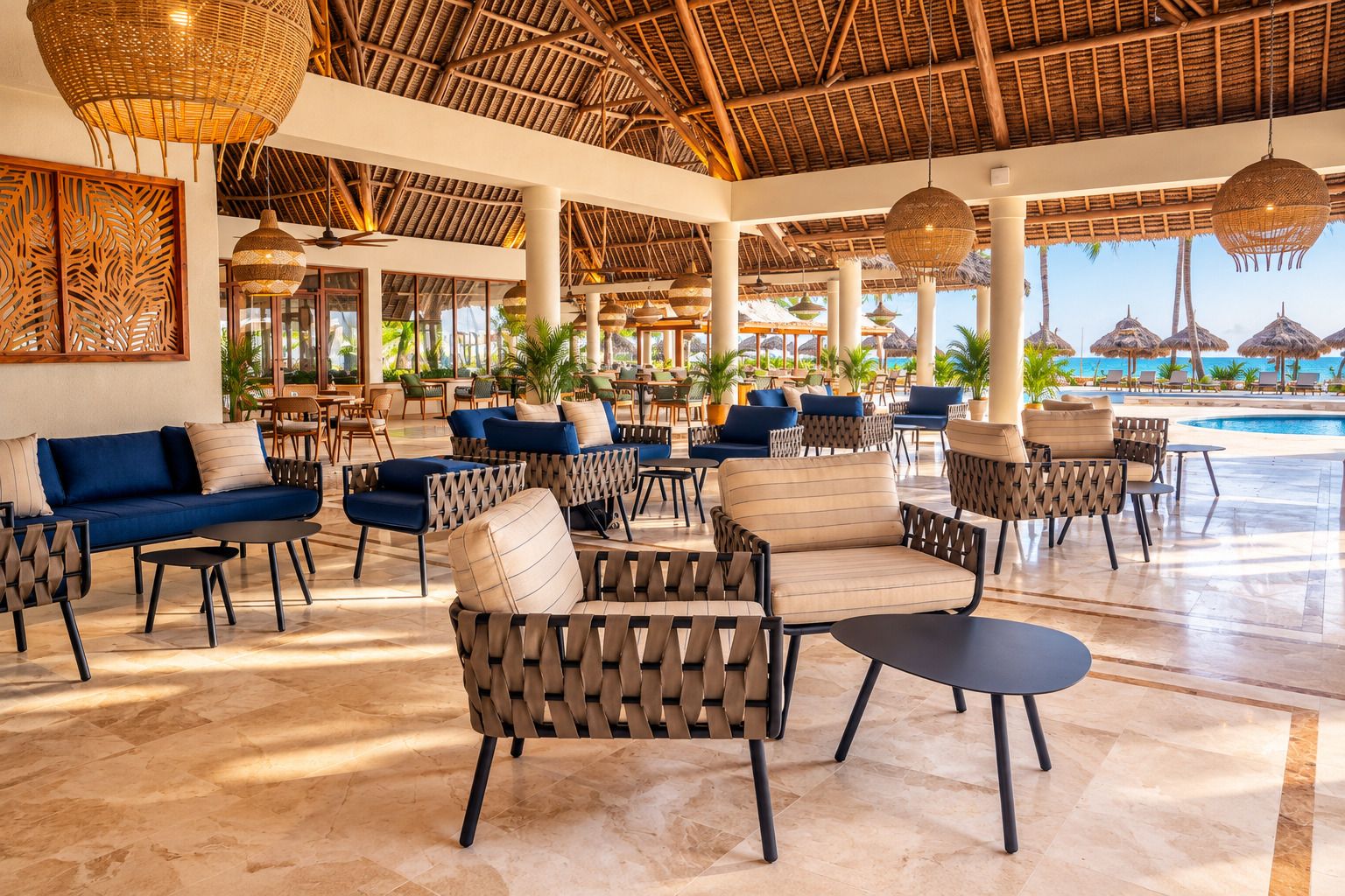 A spacious indoor area with multiple seating arrangements, including sofas and chairs, and a pool area visible in the background.