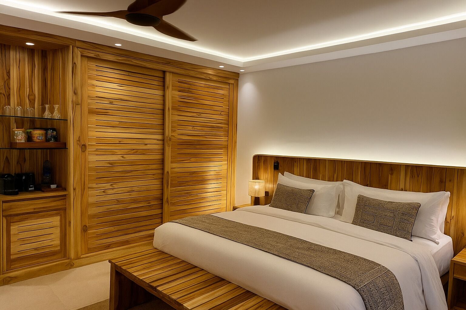 Un dormitorio con cabecera de madera, una cama grande con muchas almohadas, una mesita de noche con lámpara y un armario de madera con estantes.