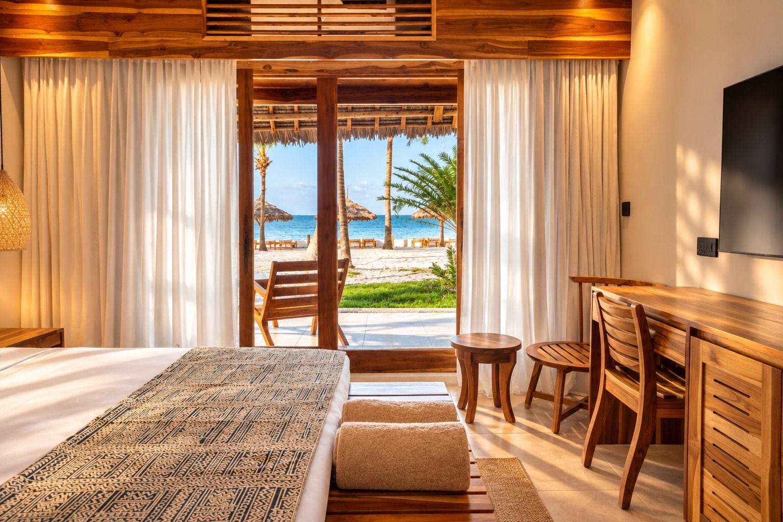 A bedroom with a bed, a desk, and a view of a beach.
