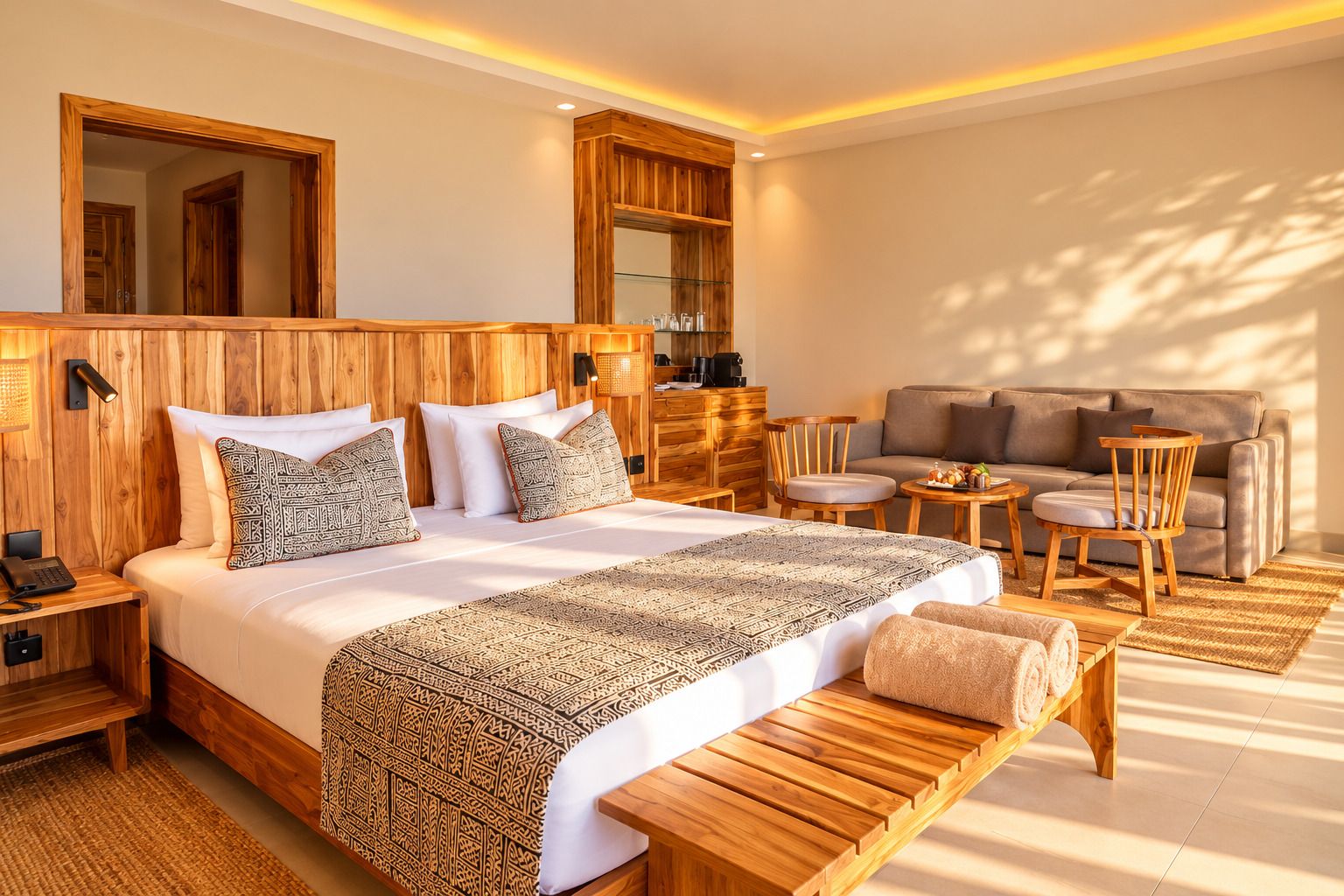 Una habitación de hotel con una cama grande, cabecera de madera, un sofá, una mesita y un banco.
