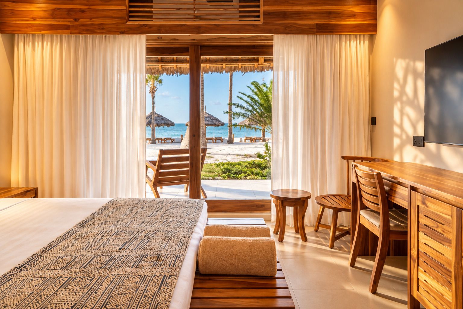 Una habitación de hotel con cama, escritorio y vista al mar.