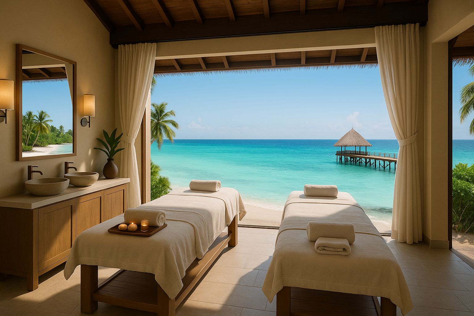 A room with two beds, a mirror, and a view of the ocean.