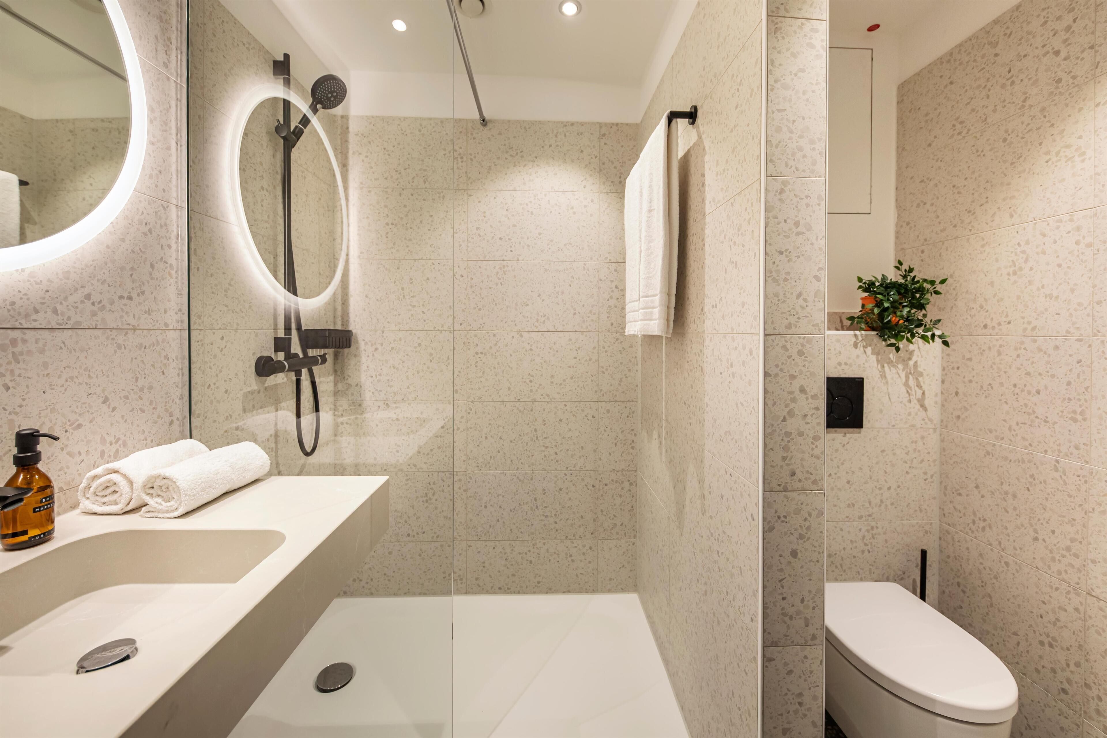 Une salle de bain moderne avec une baignoire sur pieds, une douche avec un pommeau de douche amovible, des toilettes et un lavabo avec un miroir.