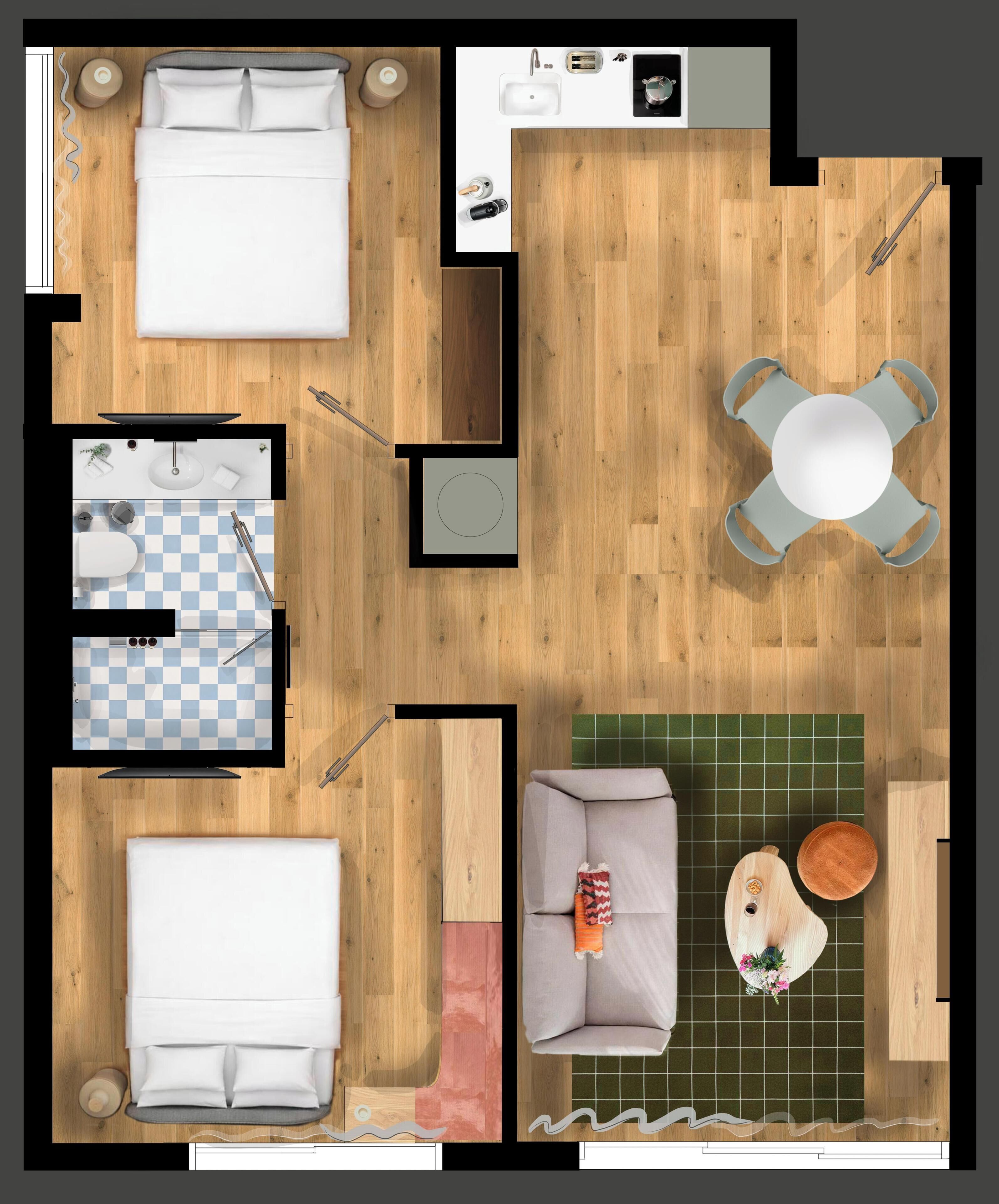 Vista cenital de una habitación de hotel con una cama, una kitchenette pequeña, un comedor con mesa y sillas, un sofá y un baño pequeño.