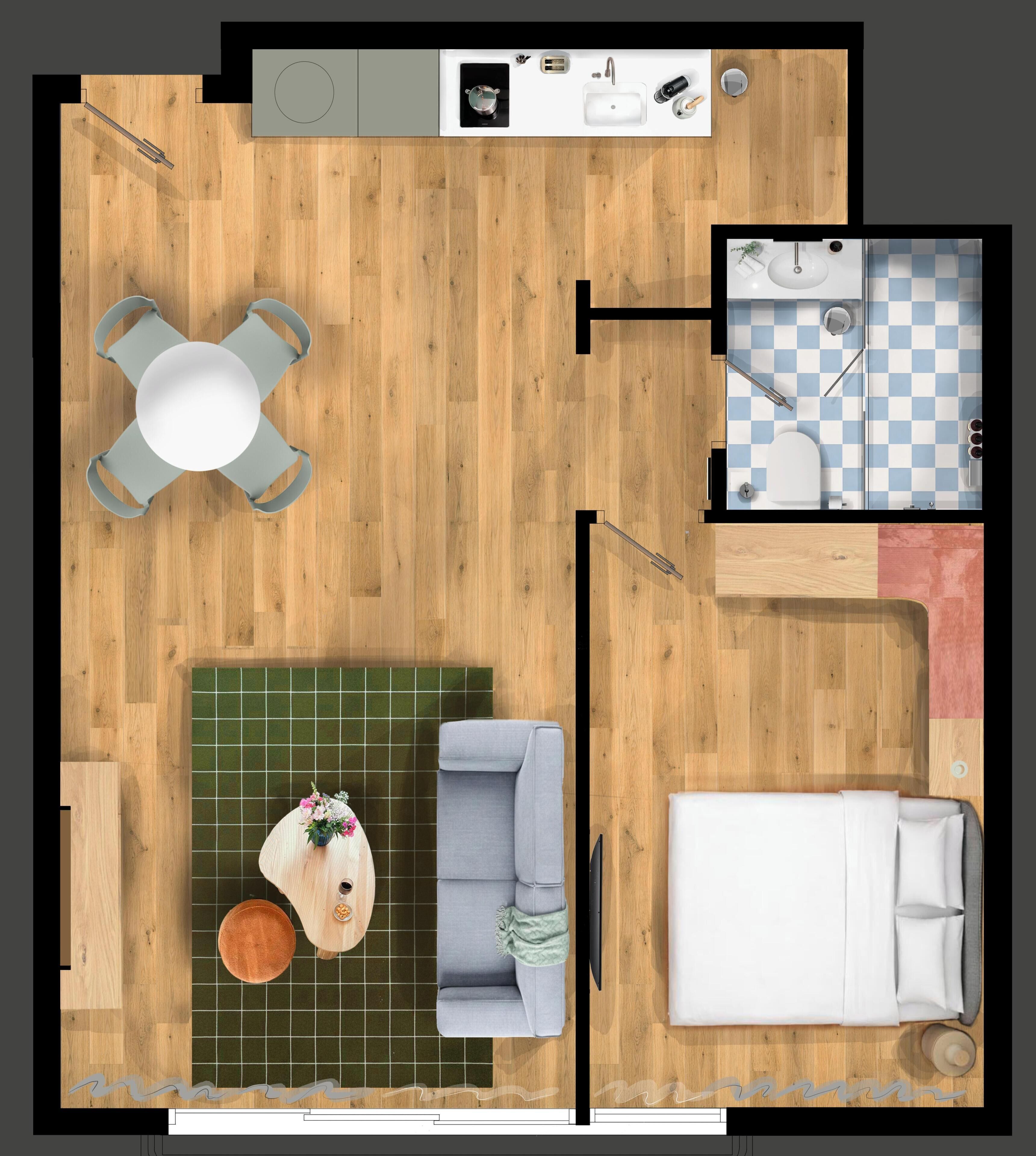 A top-down view of a room with a dining table, a sofa, a bed, a small kitchen area, and a bathroom.