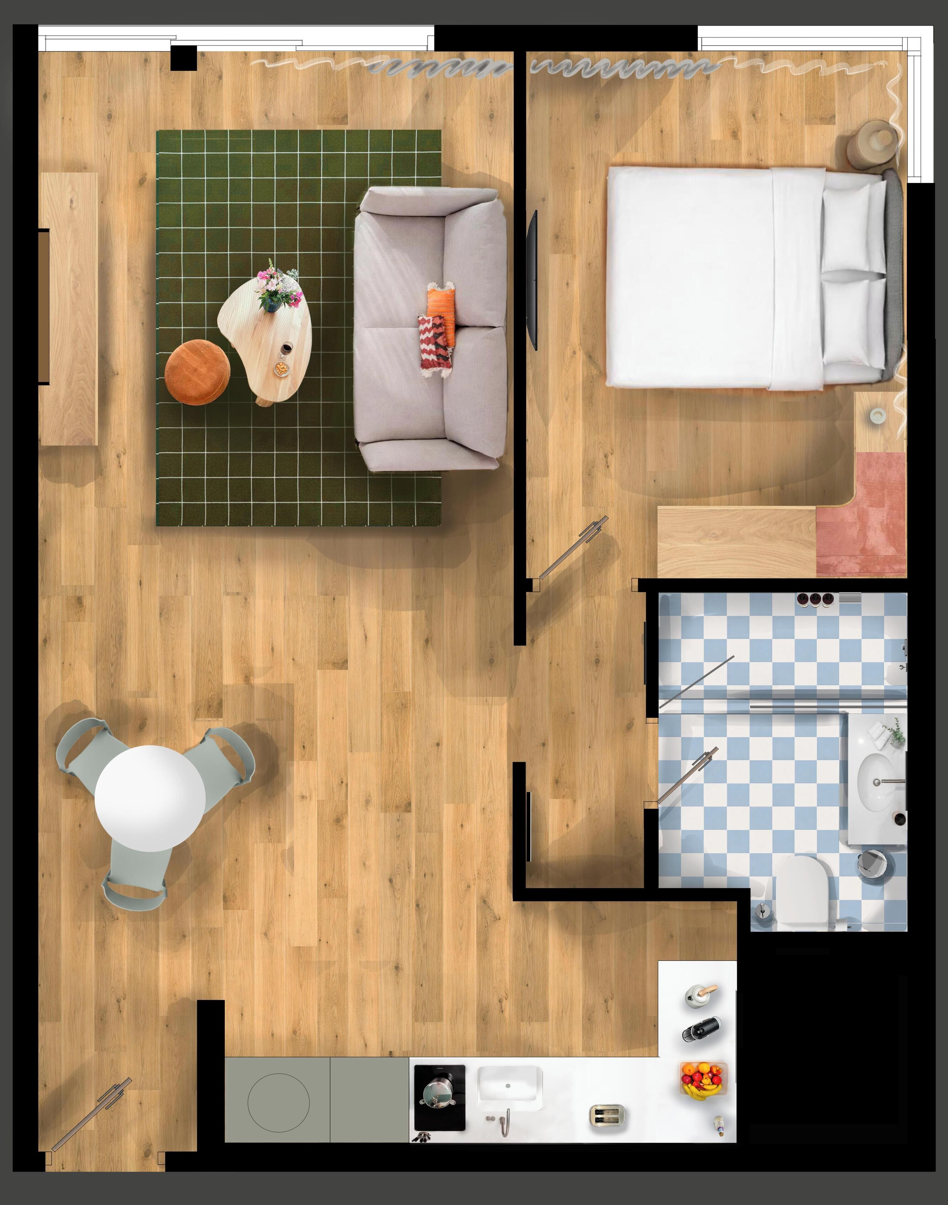 A top-down view of a hotel room with a wooden floor, a sofa, a bed, a small table, a chair, a bathroom with a checkered floor, and a sink.