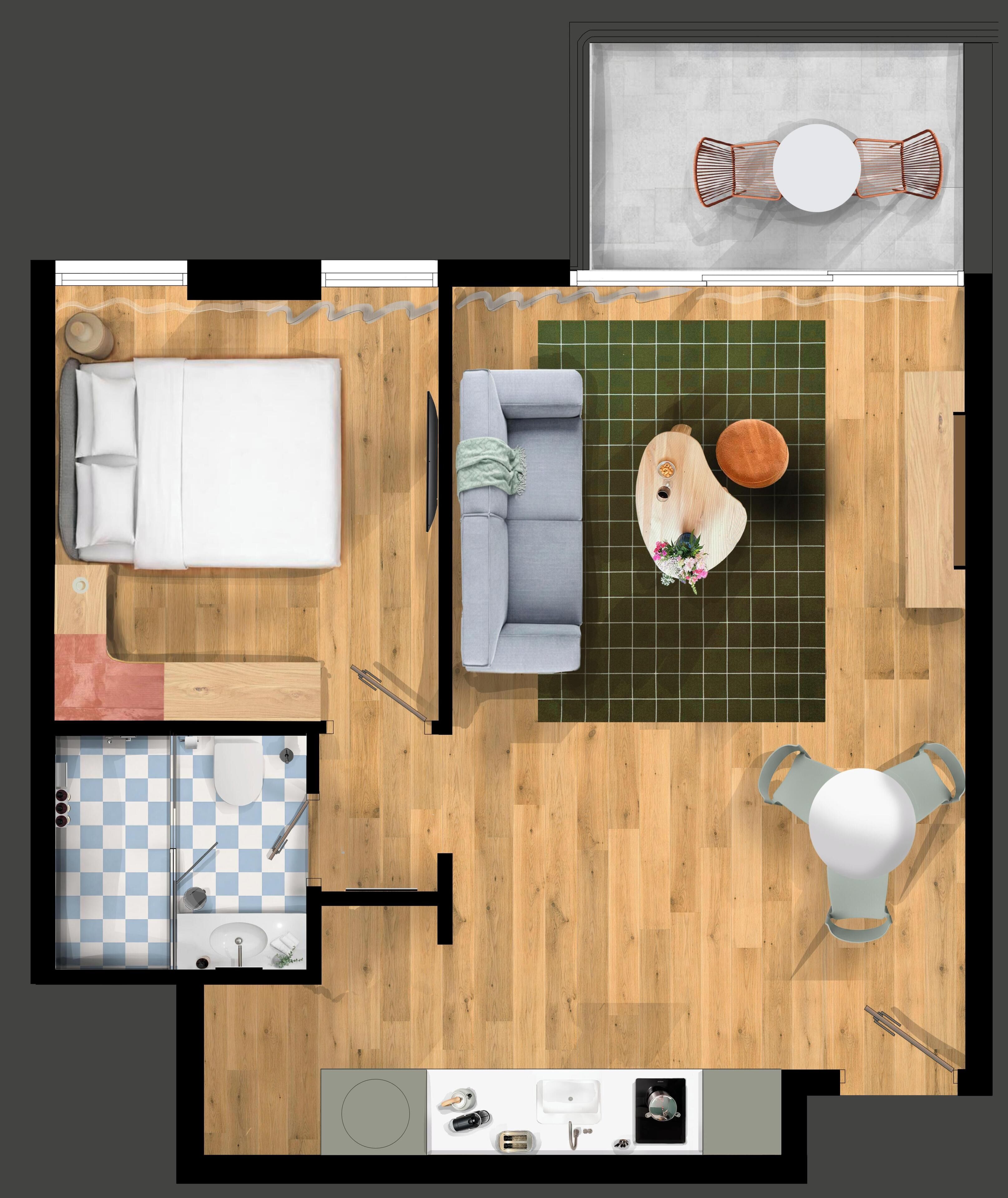 A top-down view of a hotel room with a bed, sofa, dining table, and kitchenette.