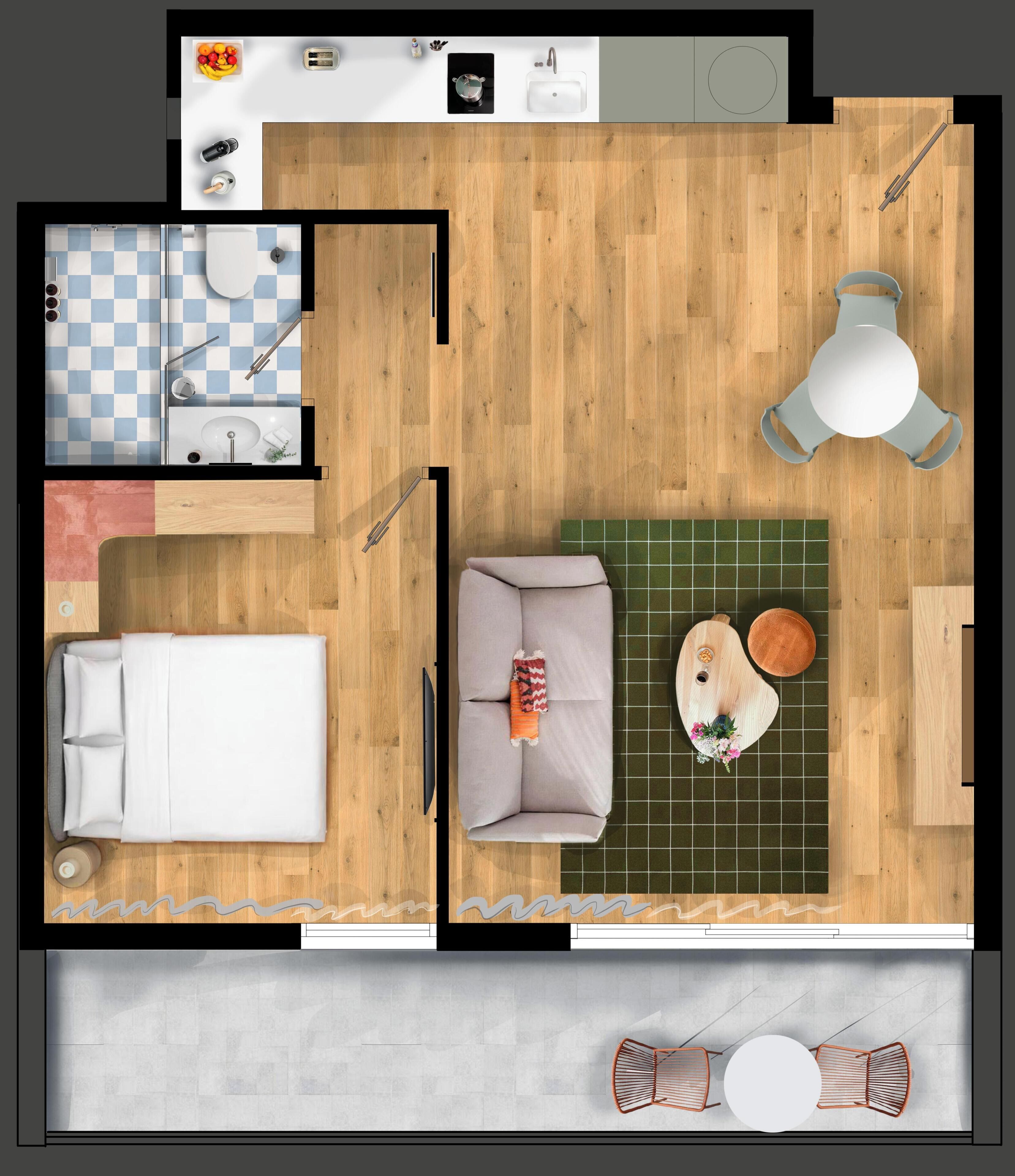 Vue d’ensemble d’une chambre d’hôtel, montrant un lit, un canapé, un coin repas avec une table et des chaises, un coin cuisine et une salle de bain.