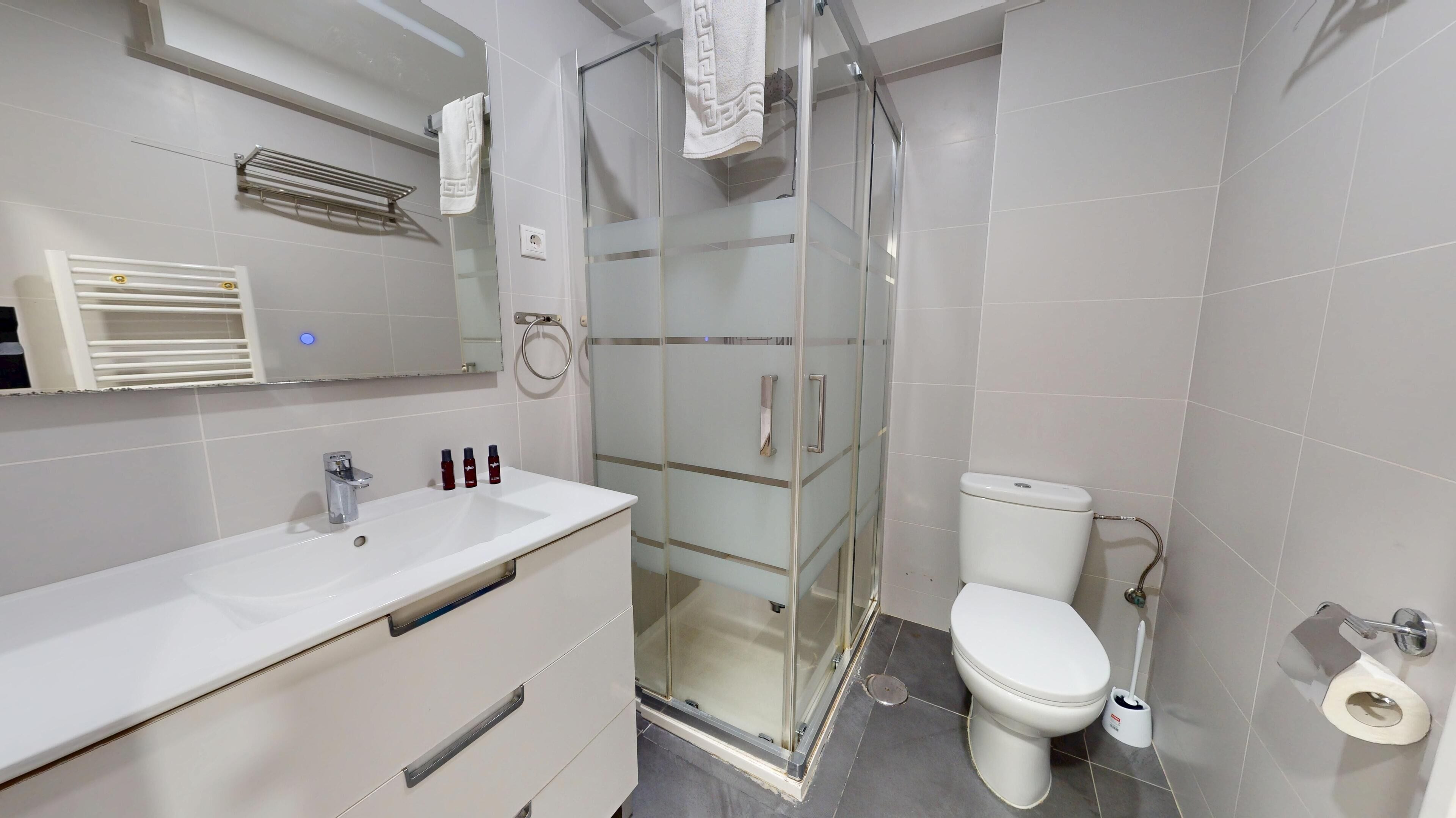 A modern bathroom with a glass shower enclosure, a white toilet, and a vanity with a mirror.